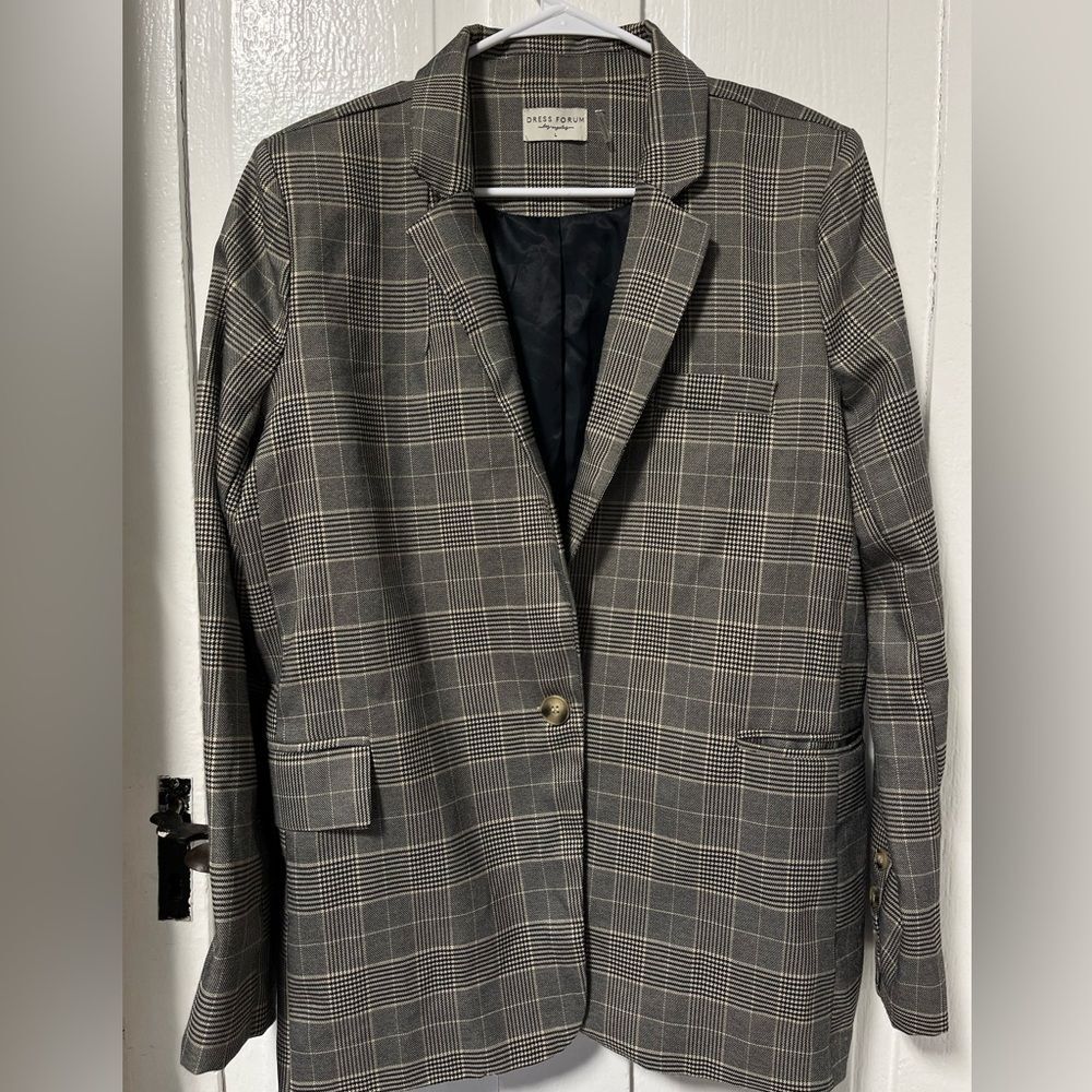 Dress Forum Boyfriend one button houndstooth plaid blazer jacket size large